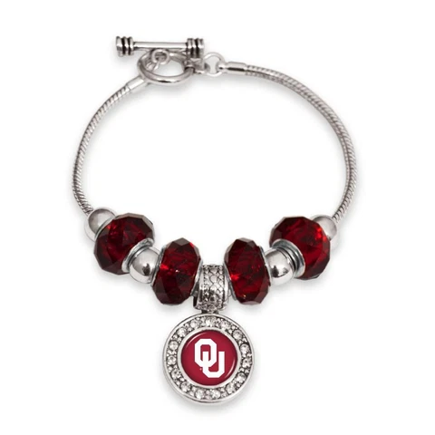 Oklahoma Sooners Crimson Slider Glass Bead Toggle Bracelet Silver Jewelry OU Cover