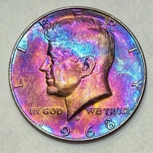 Kennedy Half Dollar 1968 40% Silver AU Monster Rainbow Toning - Picture 1 of 12