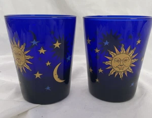 2 Libbey Himmlische Sonne Mond Sterne Trinken Altmodische Gläser Kobaltblau NOS - Bild 1 von 10