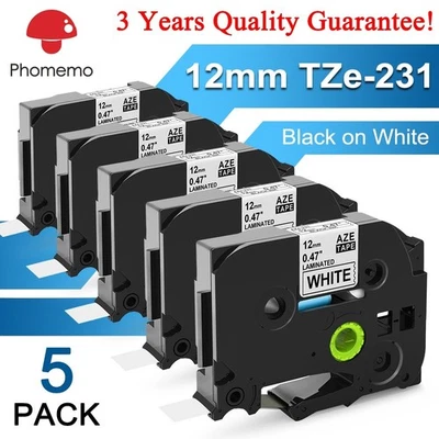 5PACK Brother P-Touch TZ-231 TZe-231 12mm Label Tape Black on White 1/2" PT-D210 - Image 1 of 4