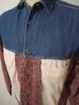 Vtg 80s Snap Blue Denim Red Paisley Shirt Men’s Medium Western Colorblock Cowboy - Image 1 of 4