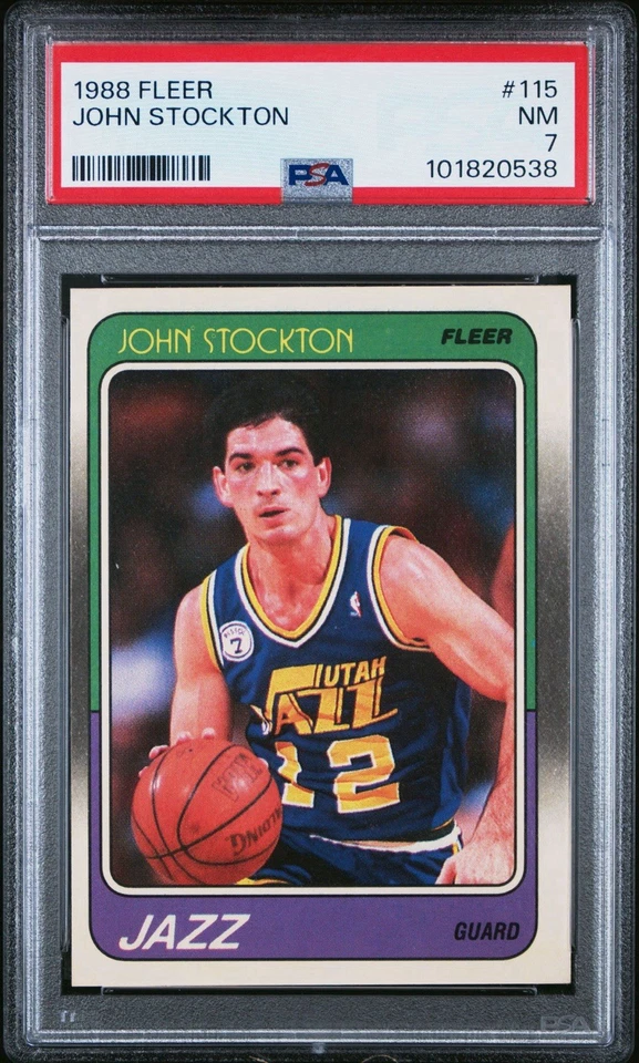 Tarjeta de novato de baloncesto Fleer de John Stockton ~ 1988 #115 ~ clasificación PSA 7 CASI COMO NUEVA Foto 1 de 1