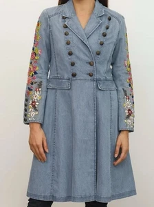 ARATTA CHAMBRAY DENIM DOUBLE BREAST EMBROIDERED CITY COAT XL - Picture 1 of 6