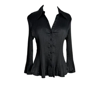 Sunny Taylor Blouse Petite Large Black Crinkle Satin Long Sleeve Dressy - Picture 1 of 9