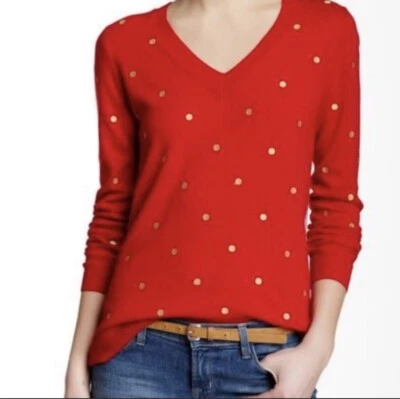 J. CREW RED MERINO WOOL POLKA DOT SWEATER PULLOVER size Petite S - Image 1 of 4