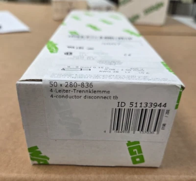 WAGO, 280-836, 4 CONDUCTOR DISCONNECT TERMINAL BLOCK, GRAY, BOX OF 50, NEW - Image 1 of 3