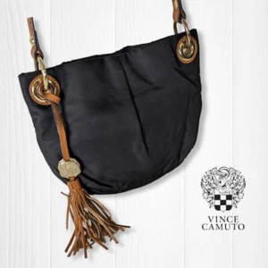 Vince Camuto Womens Sling Bag Adjustable Strap Tasseled Black and Brown - Picture 1 of 7