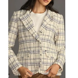 Anthropologie Tweed Flap Pocket Blazer NEW Ivory Size M - Picture 1 of 9