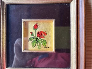 QUADRETTO SERIGRAFIA FATTO A MANO SU FOGLIA ORO 985%KT 23.75  GISCA ROSE ROSSE - Foto 1 di 7