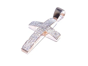 14k Yellow Gold (Rose Dipped) 1ct White Diamond Prong Set 3 Row Cross Pendant