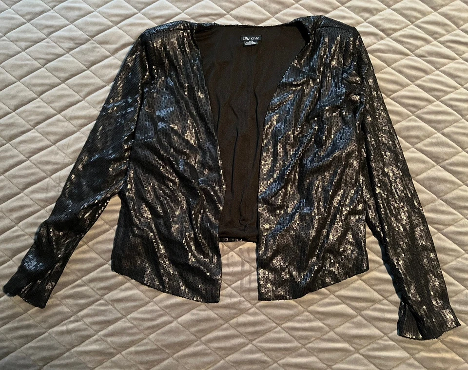 Chaqueta Blazer City Chic Mujer Talla S 16 Negra Metálica Frente Abierto Fiesta Usada en Excelente Condición Foto 1 de 4