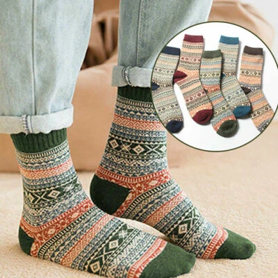 5 Pack Mens Wool Cashmere Socks Warm Business Casual Soft Fashion Striped Retro  - Image 1 of 4