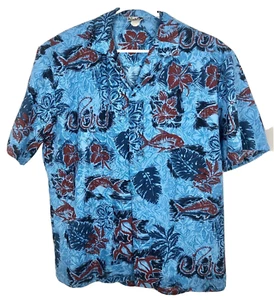 Chemise hawaïenne style paradisiaque homme L bleu tropical fleurs poissons tortues ancres - Photo 1/8