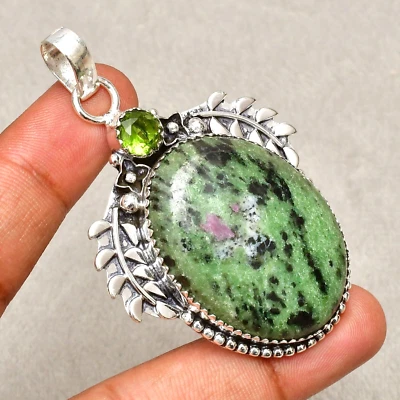 Ruby Zoisite Gemstone Handmade 925 Sterling Silver Jewelry Pendant 2.44" - Image 1 of 4