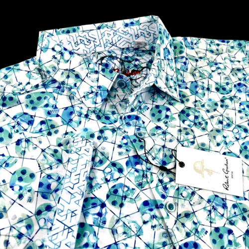 Robert Graham Skull Heads Geometric Paisley Dotted Short Sleeve Shirt $198 Lrg