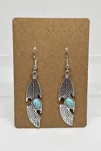 Silver Tone Turquoise Accent Feather Dangle Earrings Boho Chic NEW - Picture 1 of 3