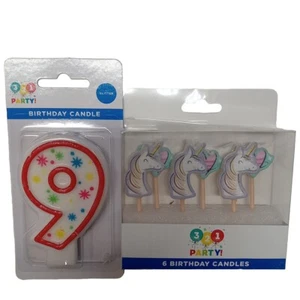  Birthday Party Candle Age 9 -With 6 Unicorn & Heart Candle Lot - Picture 1 of 4