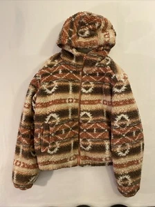 XL WOMEN'S C & C CALIFORNIA PINK GEOMETRIC FAUX FUR HOODIE Fuzzy Fluffy Vintage - Picture 1 of 7