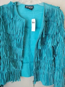 Berek Maverick Vtg Women Sz M Aqua Leather Suede Fringe Western Blazer Jacket - Picture 1 of 5