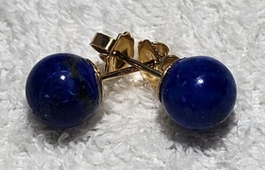 Orecchini a perno in oro giallo 14 kt, pietra lapislazzuli tondi, ottimo colore, vedi - Foto 1 di 12