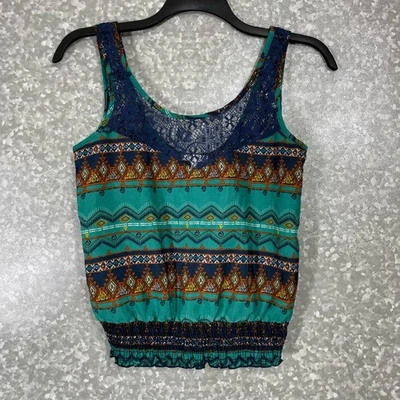 Delia's Women's Y2K Blue Tribal Print Lace Back Tank Top - Size Medium - Boho - Image 1 of 4