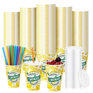 300 Pieces/100 Sets Lemonade Cups with Lids and Straws Disposable Cups for Pa... - Picture 1 of 7
