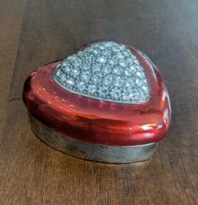 Hinged Magnetic Jeweled Metal Trinket Box Red Heart With Crystals 2" Ring Holder - Picture 1 of 6