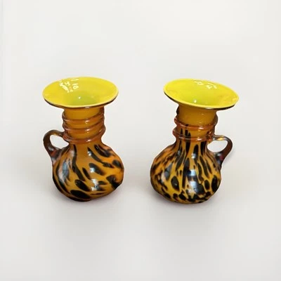  Leopard Cheetah Art Glass, Mini Vase Pitcher With Handle Vintage set of 2 - Image 1 of 4