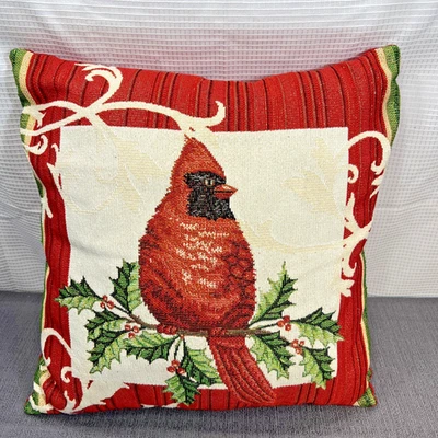 Christmas Accent Pillow Tapestry Cardinal Textured Red Bird Holly Leaves 16" - Image 1 of 4