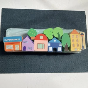 New Bullseyes Playground 10 Count Multi-Color Wooden Block Houses & Trees - Picture 1 of 7