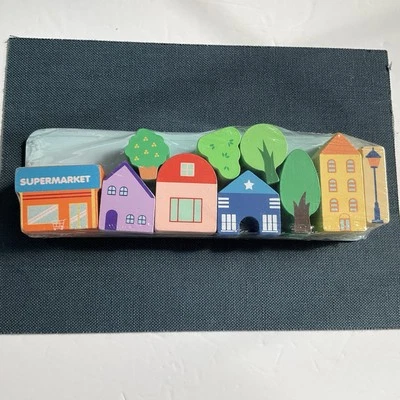 New Bullseyes Playground 10 Count Multi-Color Wooden Block Houses & Trees - Image 1 of 4