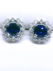 Sapphire and Diamond Earrings 14K White Gold - Lab Created Sapphires  - Picture 1 of 7