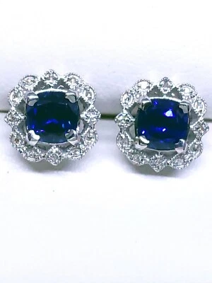 Sapphire and Diamond Earrings 14K White Gold - Lab Created Sapphires  - Image 1 of 4