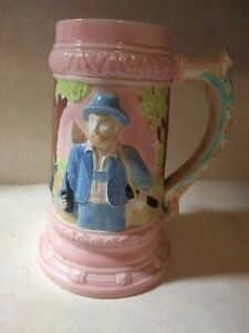 Vintage 8.5" Textured 3D Ceramic Mug Stein- Features Man with Pipe, Deer