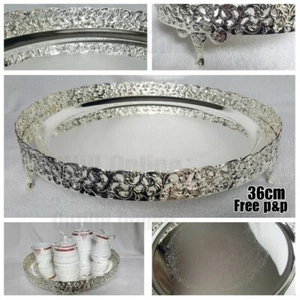 Silver Plate 36cm Indian Round Gallery Tray Paandan Paan Leaf Tea Biscuit Large - Picture 1 of 10