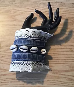 Cowrie Shell Denim Handmade Bracelet - Picture 1 of 10