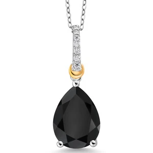 925 Sterling Silver and 10K Yellow Gold Onyx and White Moissanite Pendant - Picture 1 of 5