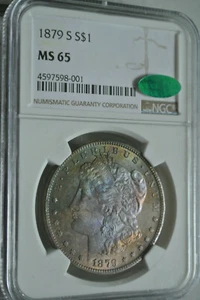 ¡HERMOSA TONIFICACIÓN ARCO IRIS!!! DÓLAR DE PLATA MORGAN 1879-S NGC COMO NUEVO 65 CAC - Imagen 1 de 11