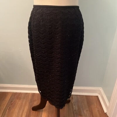 Falda de noche Albert Nipon para mujer talla 12 negra de encaje y cuentas de longitud media usada en excelente estado Foto 1 de 4