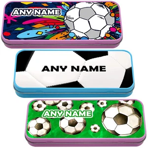 FOOTBALL Personalised Name Pencil Case Tin School Stationary Kids Boys Gift New - Picture 1 of 8