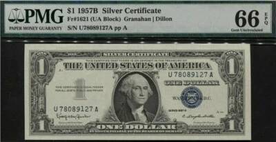 UNITED STATES 1957B $1 SILVER CERTIFICATE FR 1621 SMALL BLUE SEAL PMG 66 EPQ GEM - Image 1 of 2