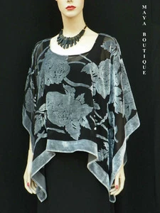 Silk Burnout Velvet Poncho Kimono Top Silver & Black No Fringe Maya Matazaro New - Picture 1 of 1
