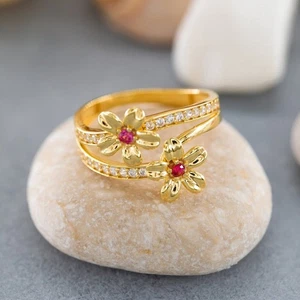 Anillo de boda vintage redondo rosa blanco diamante forma de flor cóctel acabado oro amarillo - Imagen 1 de 8