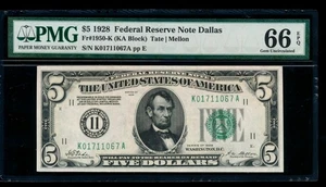 AC NUMERICAL 1928 $5 Dallas FRN PMG 66 EPQ gold clause Fr 1950-K - Picture 1 of 2