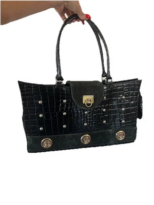 Bolso de Hombro RENACIMIENTO Negro Texturizado Cuero y Gamuza Adornado Foto 1 de 4