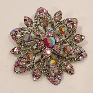 Vintage Pink Flower Rhinestone Large Flower Brooch Pin Pendant Silver Tone - Picture 1 of 12
