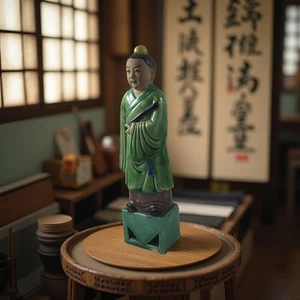 Immortal Figurine Qing Sancai Glazed Ceramic Green Robe On Pedestal 8" Tall - Picture 1 of 10