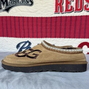 Size 10 - UGG Tasman Logo Embroidery Suede & Sheepskin Slippers Tan Brown - Mens - Picture 1 of 8