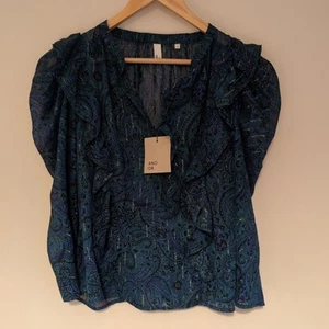 And/Or John Lewis Blouse uk 12 Blue Green Bla purple paisley silver Sheer Ruffle - Picture 1 of 6