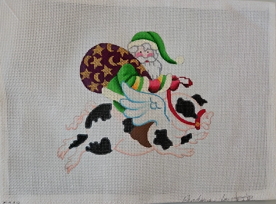 SANTA ON A FLYING PIG - Hand Painted Needlepoint Canvas  - Image 1 of 1